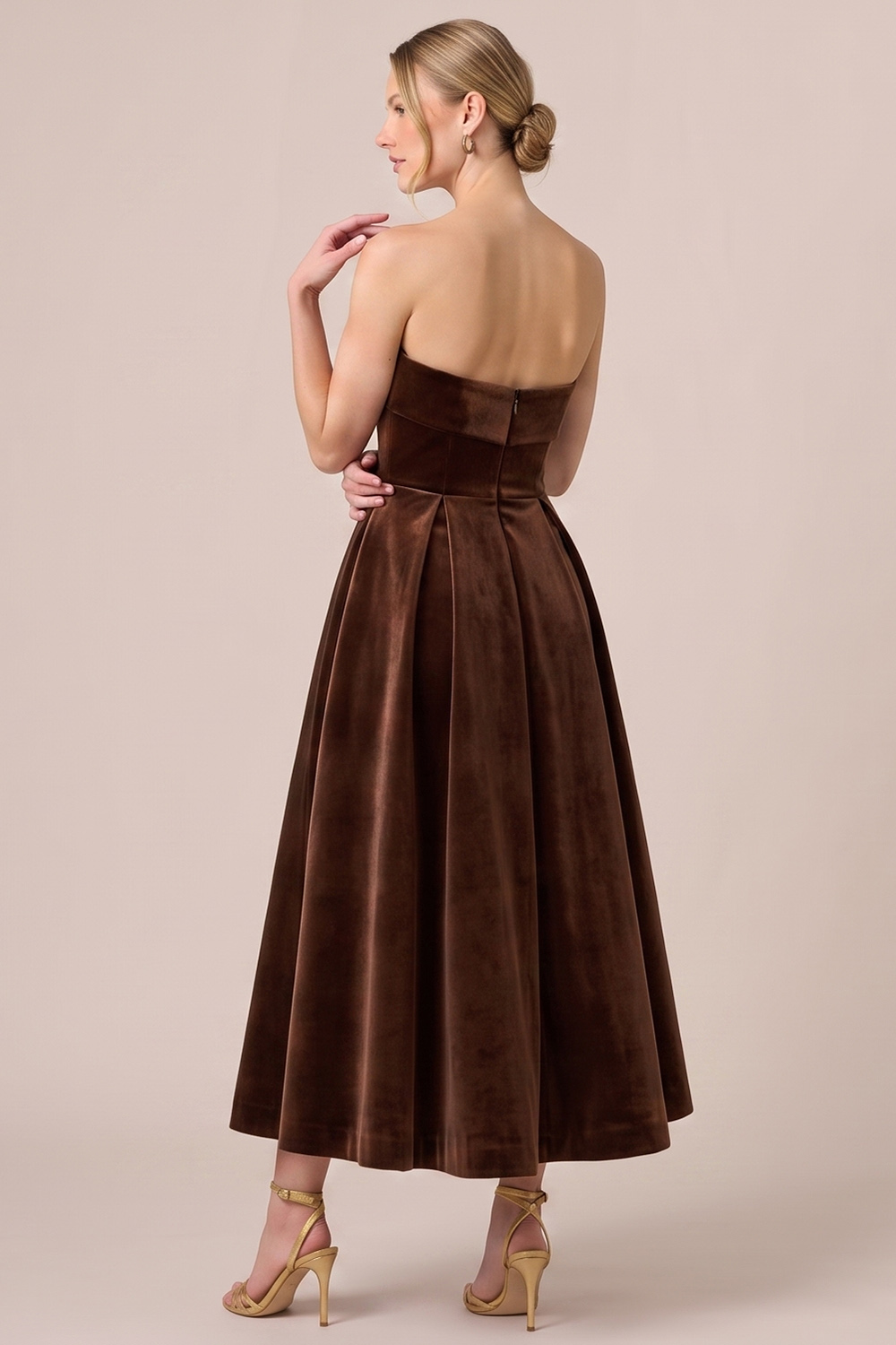 Black A-Line Strapless Velvet Midi Holiday Party Dress