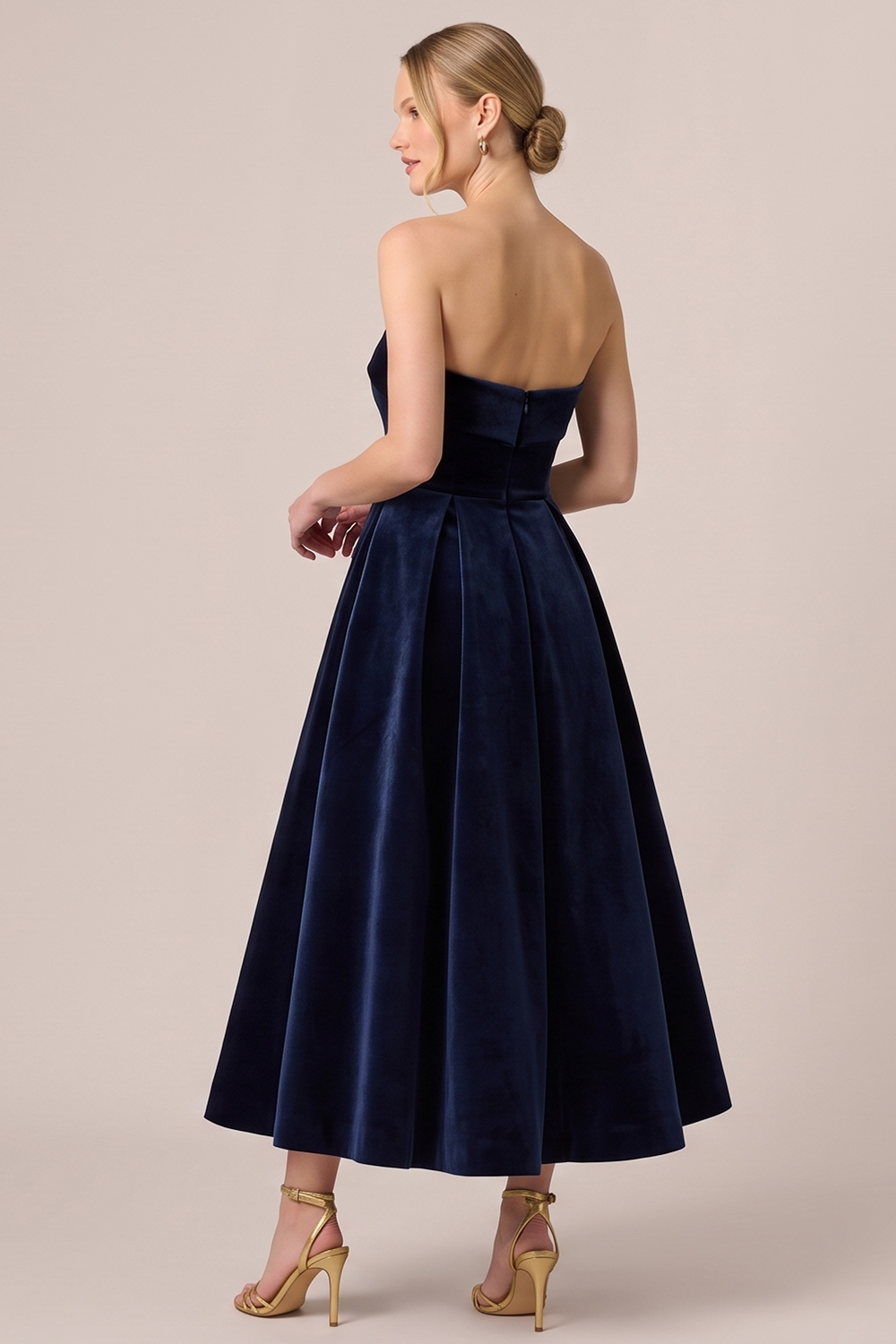Black A-Line Strapless Velvet Midi Holiday Party Dress