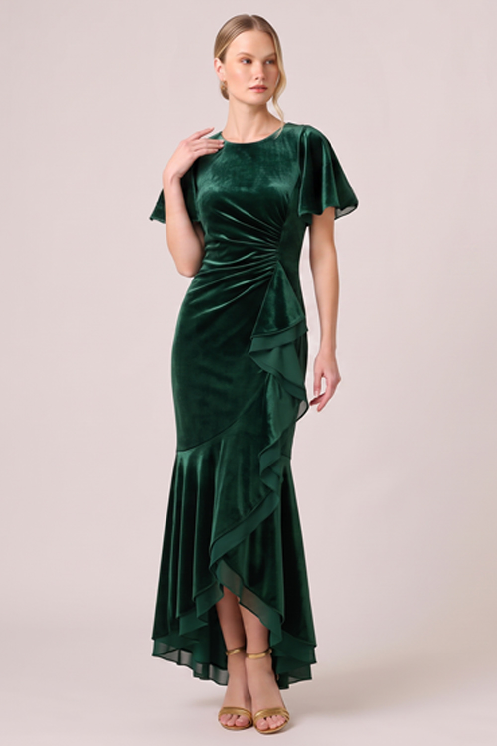 Dark Green Mermaid Ruched High-Low Holiday Party Dress with Ruffles
