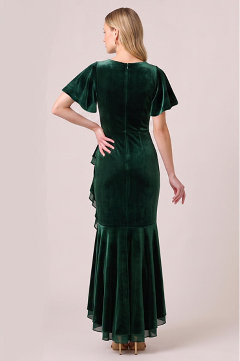Dark Green Mermaid Ruched High-Low Holiday Party Dress with Ruffles