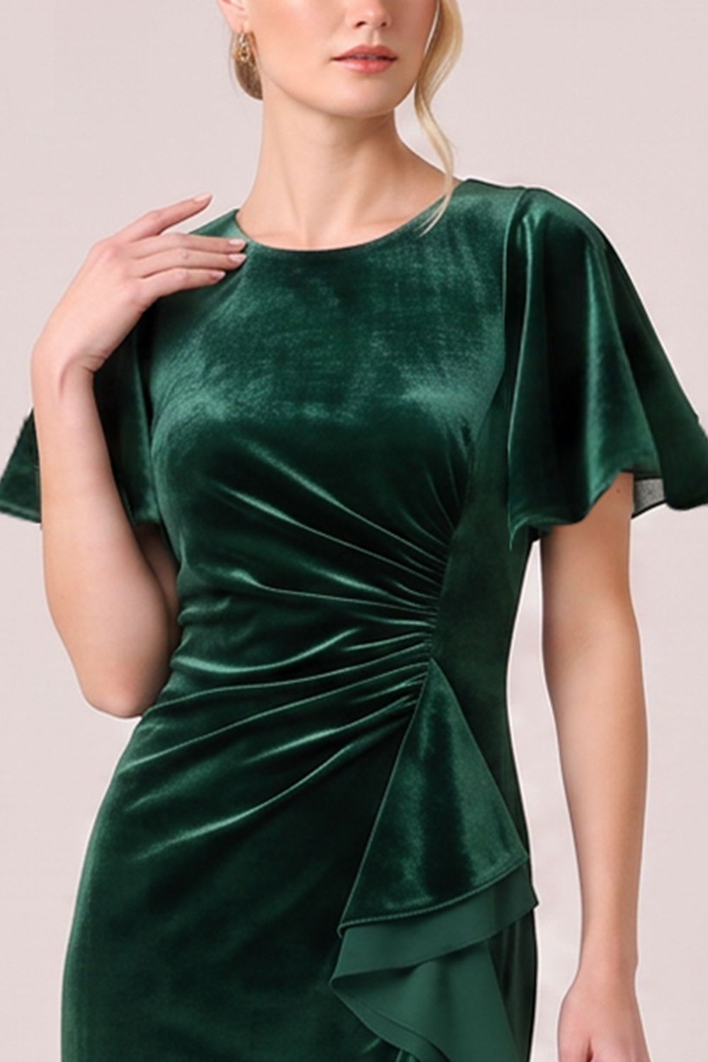 Dark Green Mermaid Ruched High-Low Holiday Party Dress with Ruffles