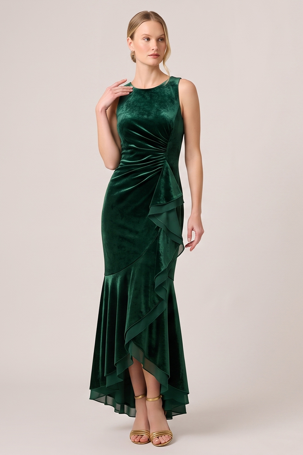 Dark Green Mermaid Ruched High-Low Holiday Party Dress with Ruffles