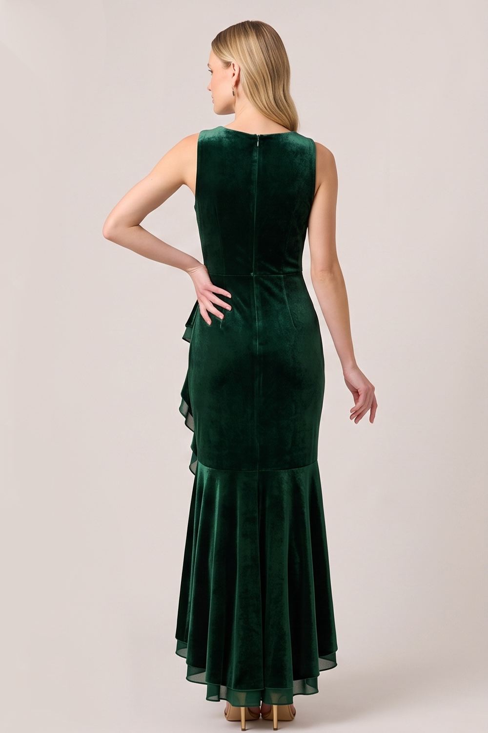 Dark Green Mermaid Ruched High-Low Holiday Party Dress with Ruffles