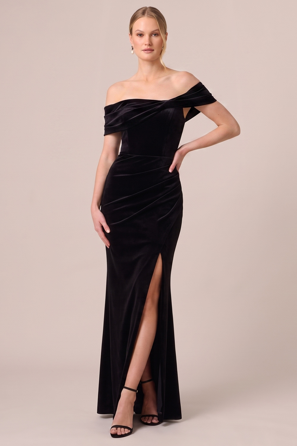 Black Velvet Off the Shoulder Ruched Long Holiday Party Dress with Slit