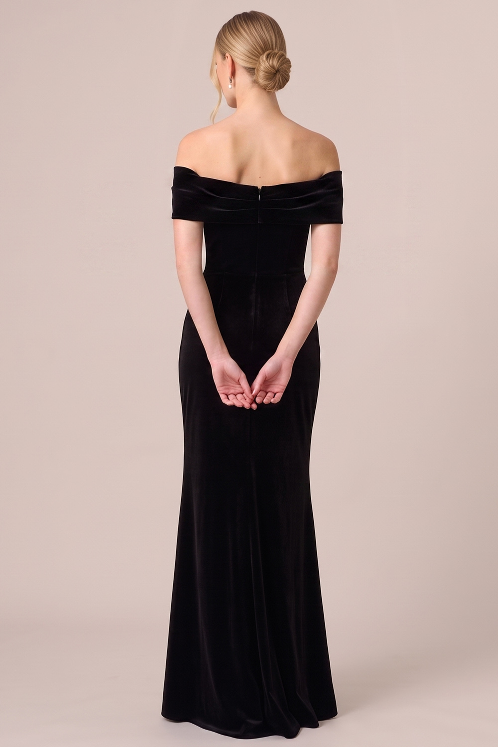 Black Velvet Off the Shoulder Ruched Long Holiday Party Dress with Slit