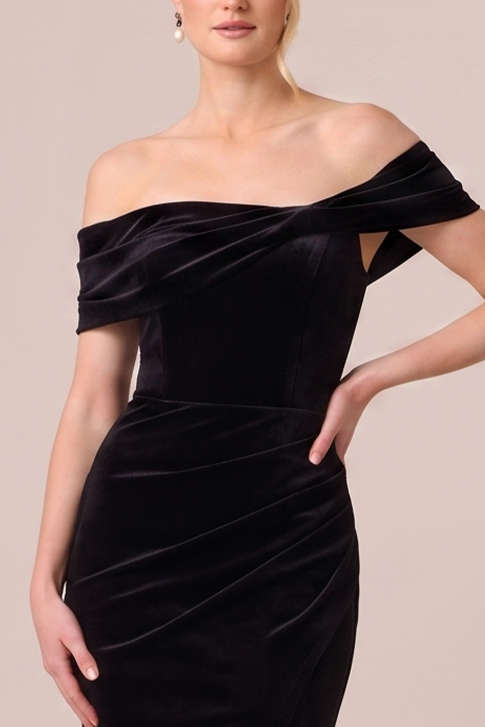 Black Velvet Off the Shoulder Ruched Long Holiday Party Dress with Slit