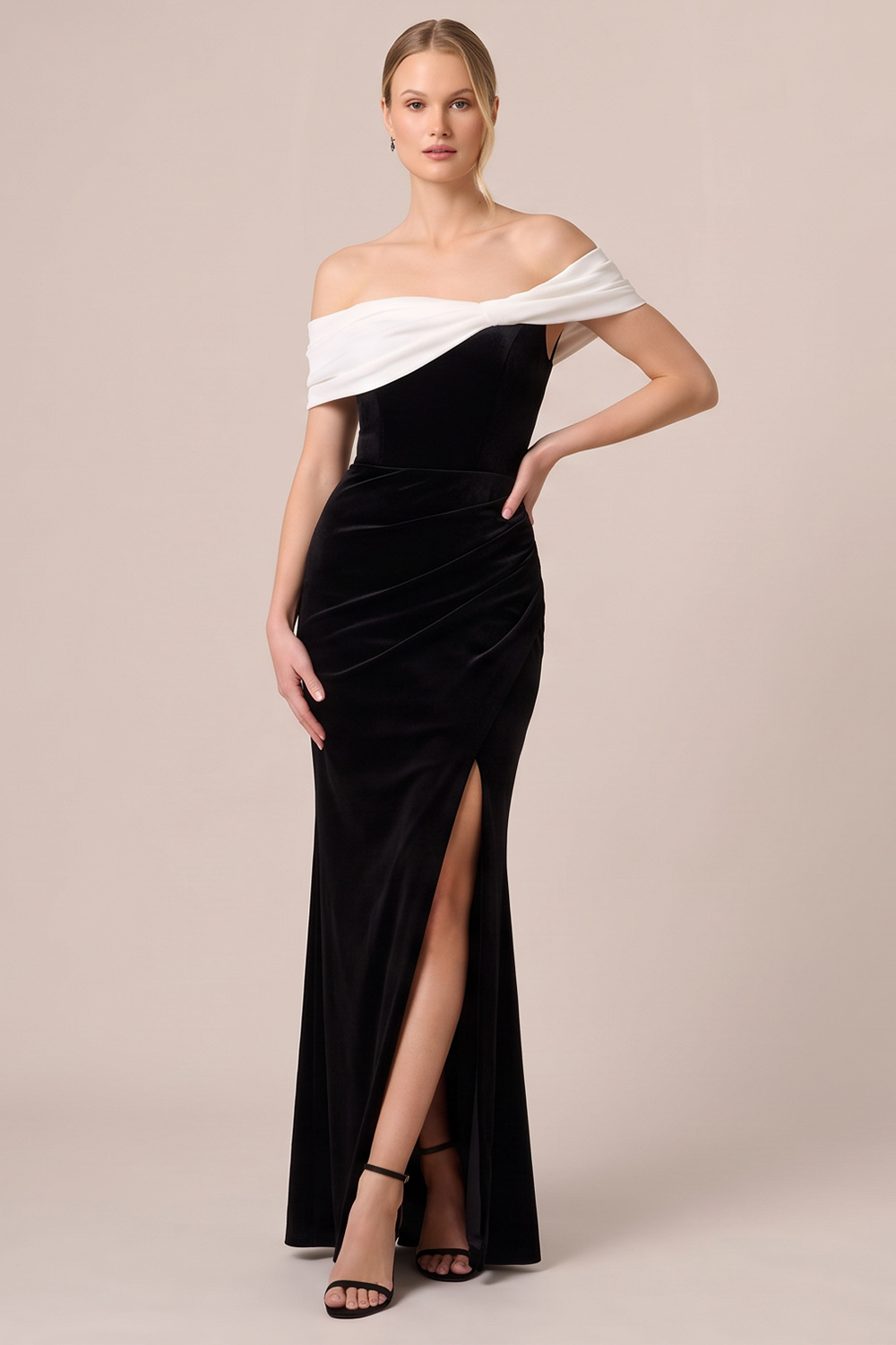 Black Velvet Off the Shoulder Ruched Long Holiday Party Dress with Slit