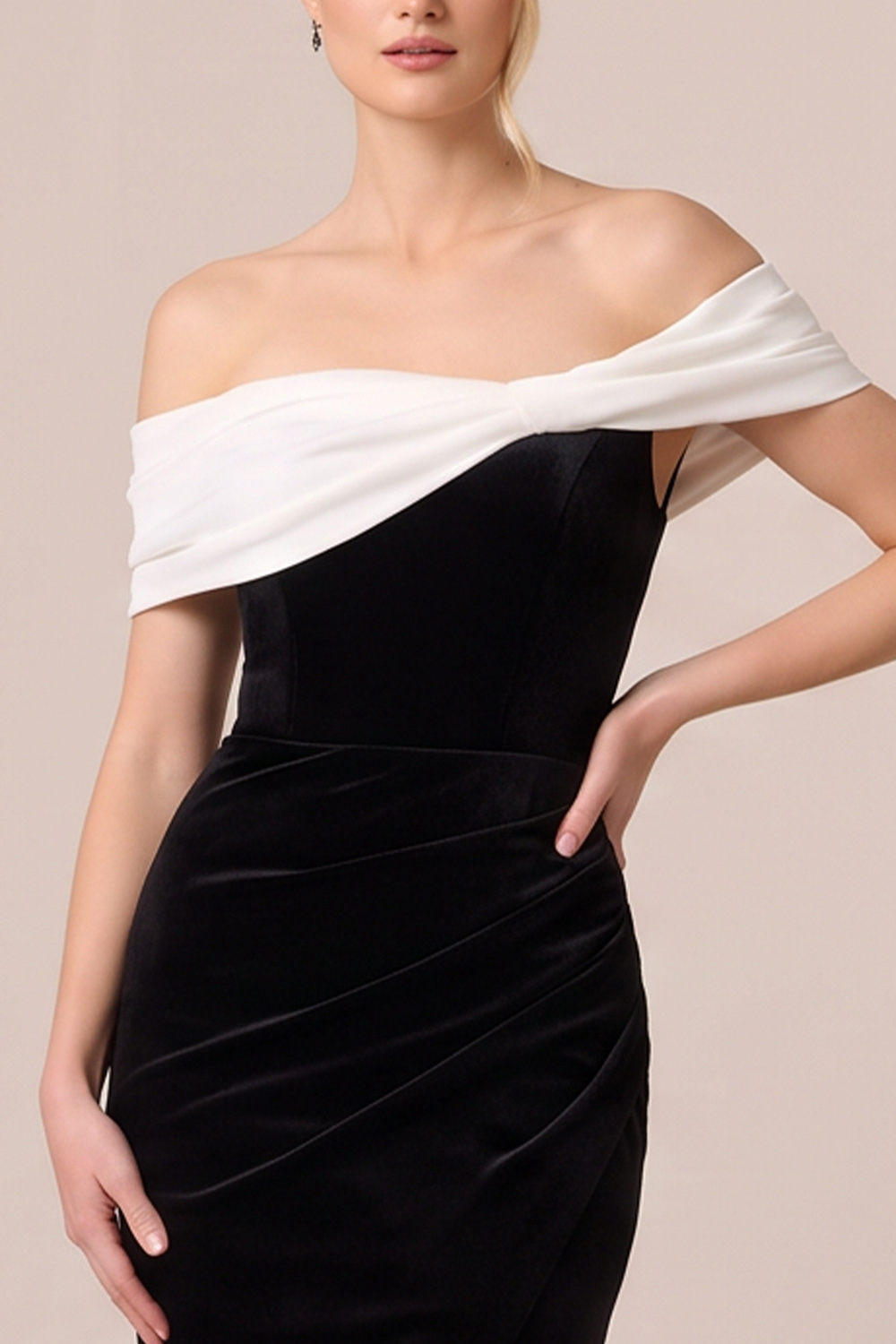 Black Velvet Off the Shoulder Ruched Long Holiday Party Dress with Slit