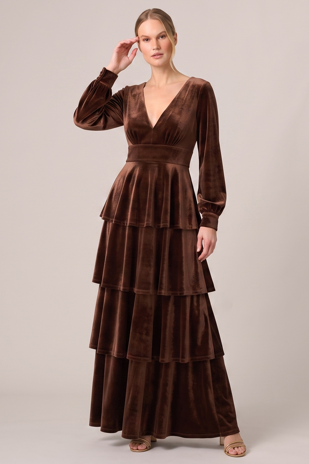 Brown Velvet V-Neck Tiered Long Sleeves Holiday Party Dress