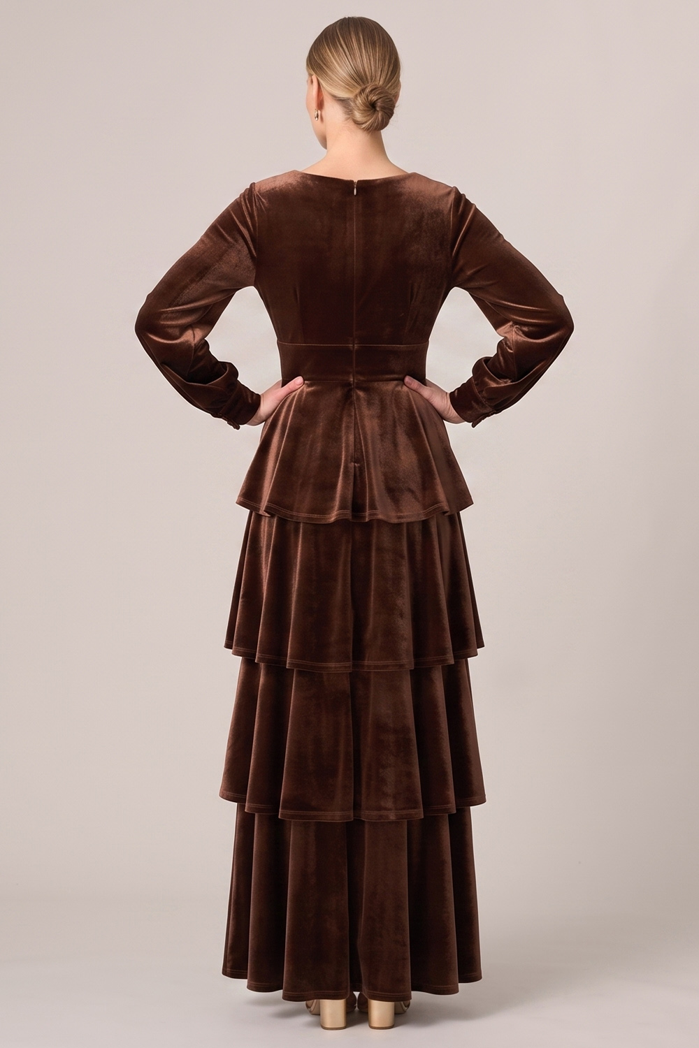 Brown Velvet V-Neck Tiered Long Sleeves Holiday Party Dress