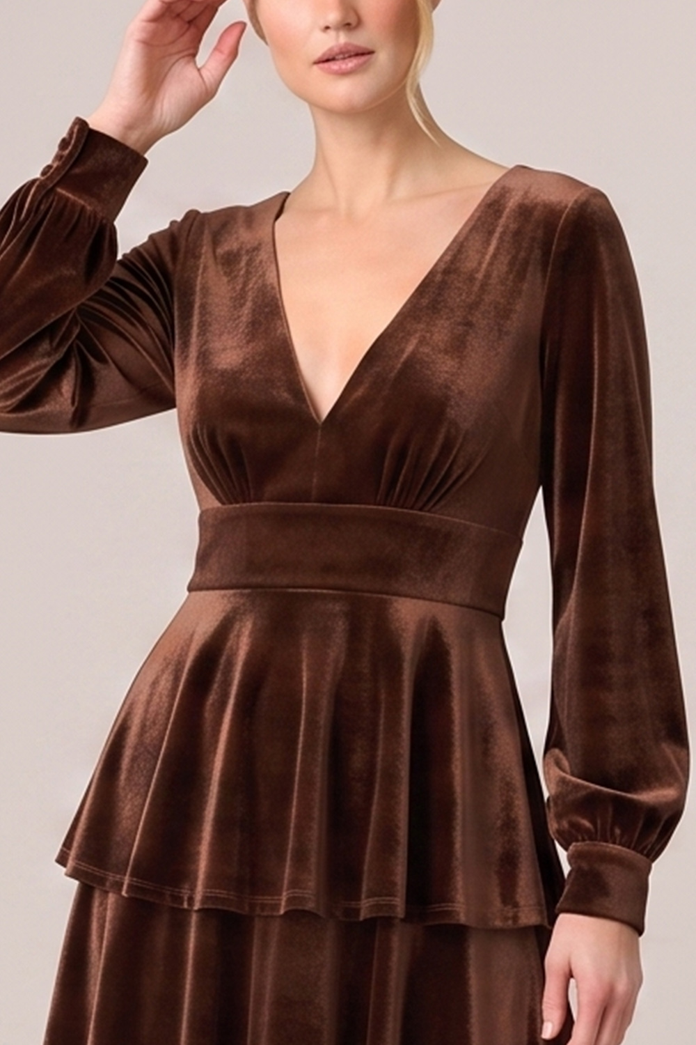 Brown Velvet V-Neck Tiered Long Sleeves Holiday Party Dress
