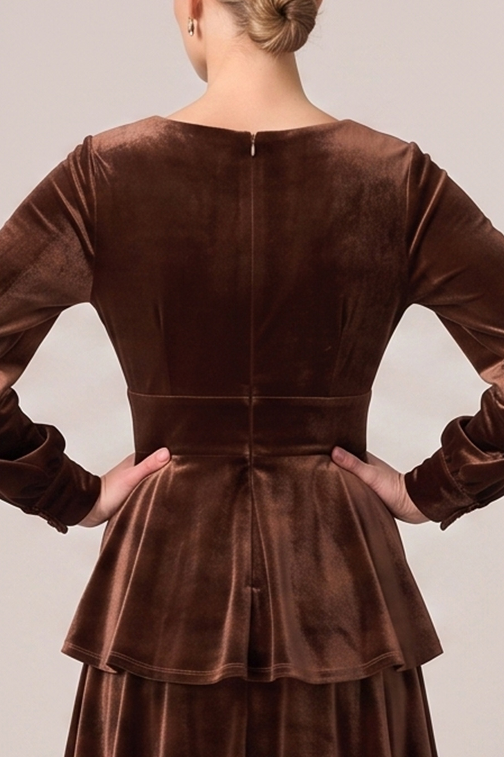 Brown Velvet V-Neck Tiered Long Sleeves Holiday Party Dress