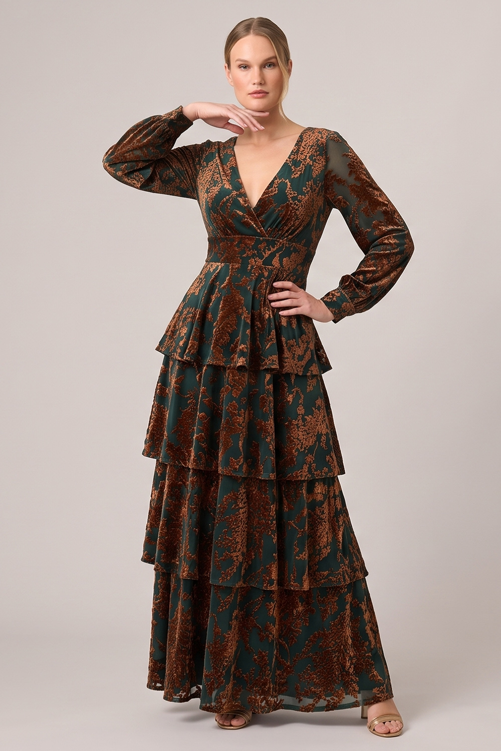 Brown Velvet V-Neck Tiered Long Sleeves Holiday Party Dress