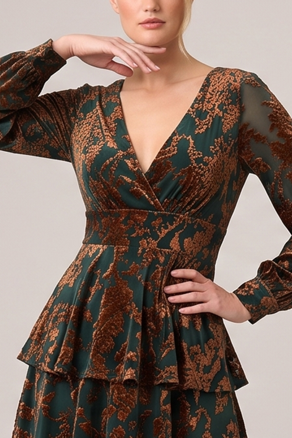 Brown Velvet V-Neck Tiered Long Sleeves Holiday Party Dress
