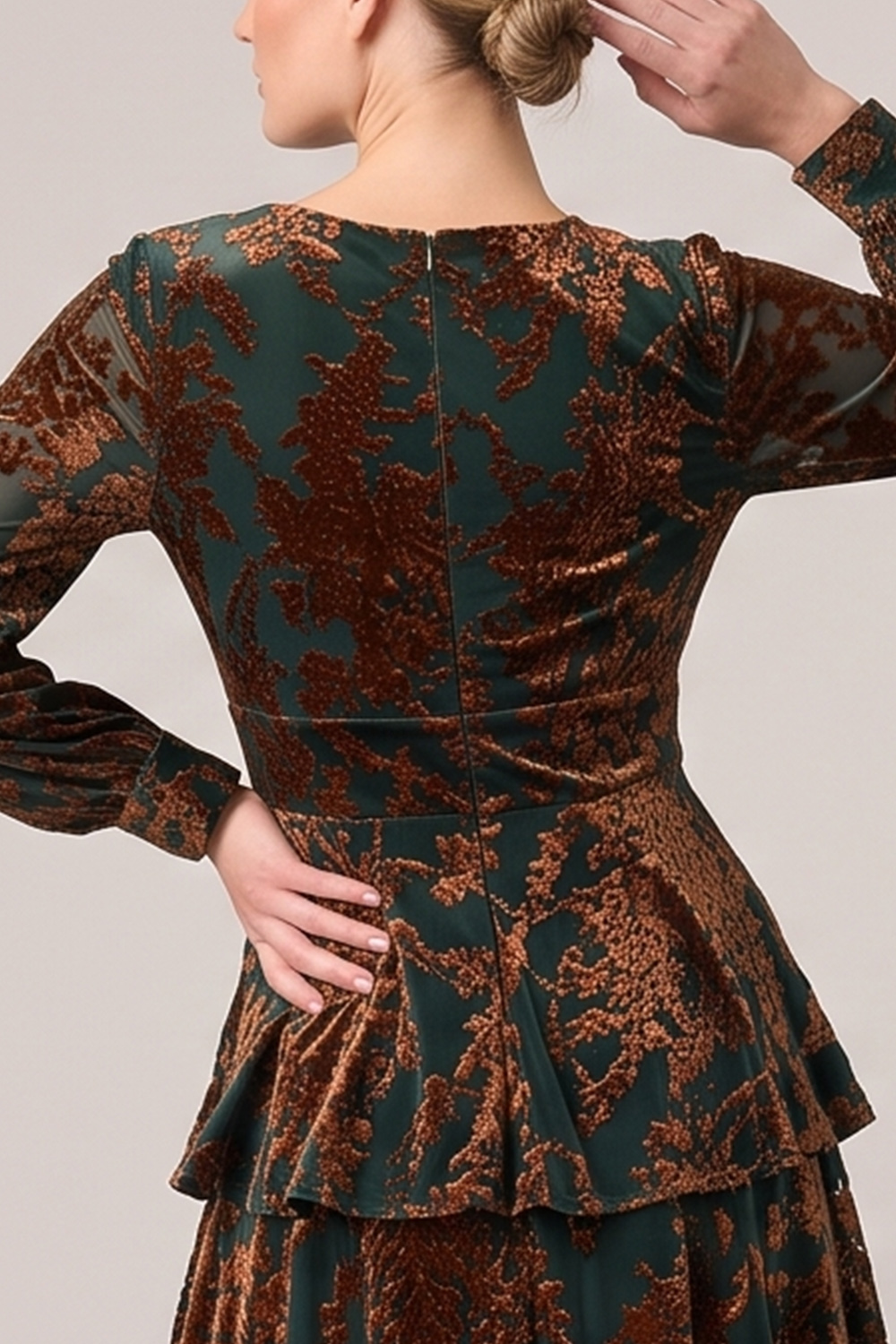 Brown Velvet V-Neck Tiered Long Sleeves Holiday Party Dress