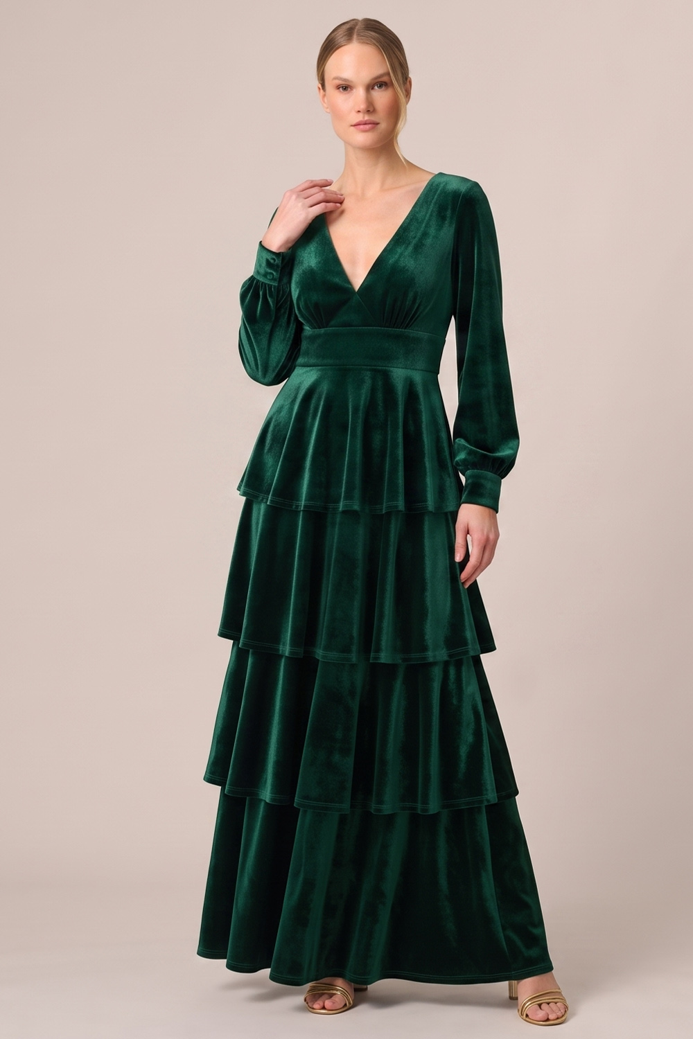 Brown Velvet V-Neck Tiered Long Sleeves Holiday Party Dress