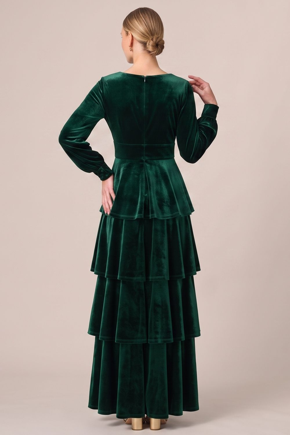 Brown Velvet V-Neck Tiered Long Sleeves Holiday Party Dress