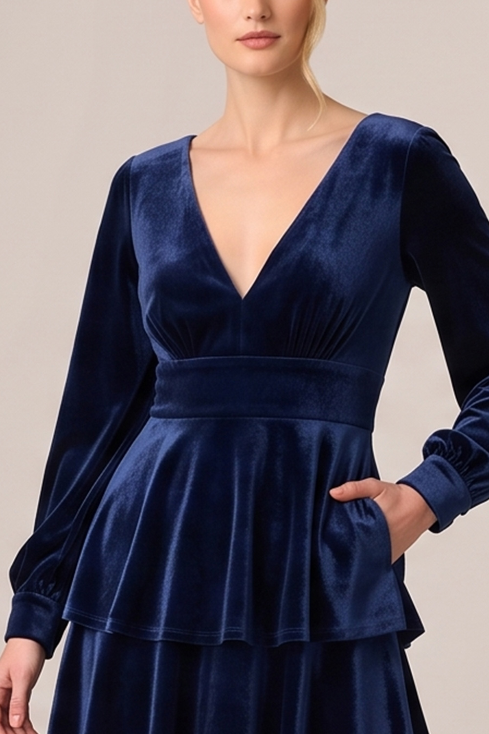Brown Velvet V-Neck Tiered Long Sleeves Holiday Party Dress