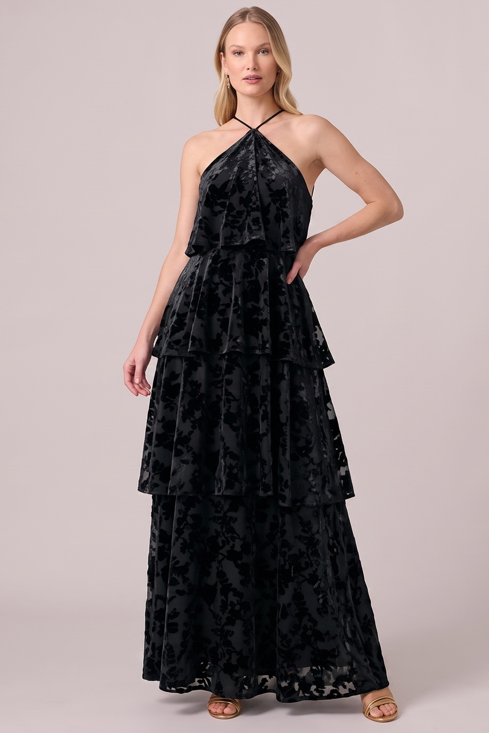 Black Halter Tiered Velvet Long Holiday Party Dress
