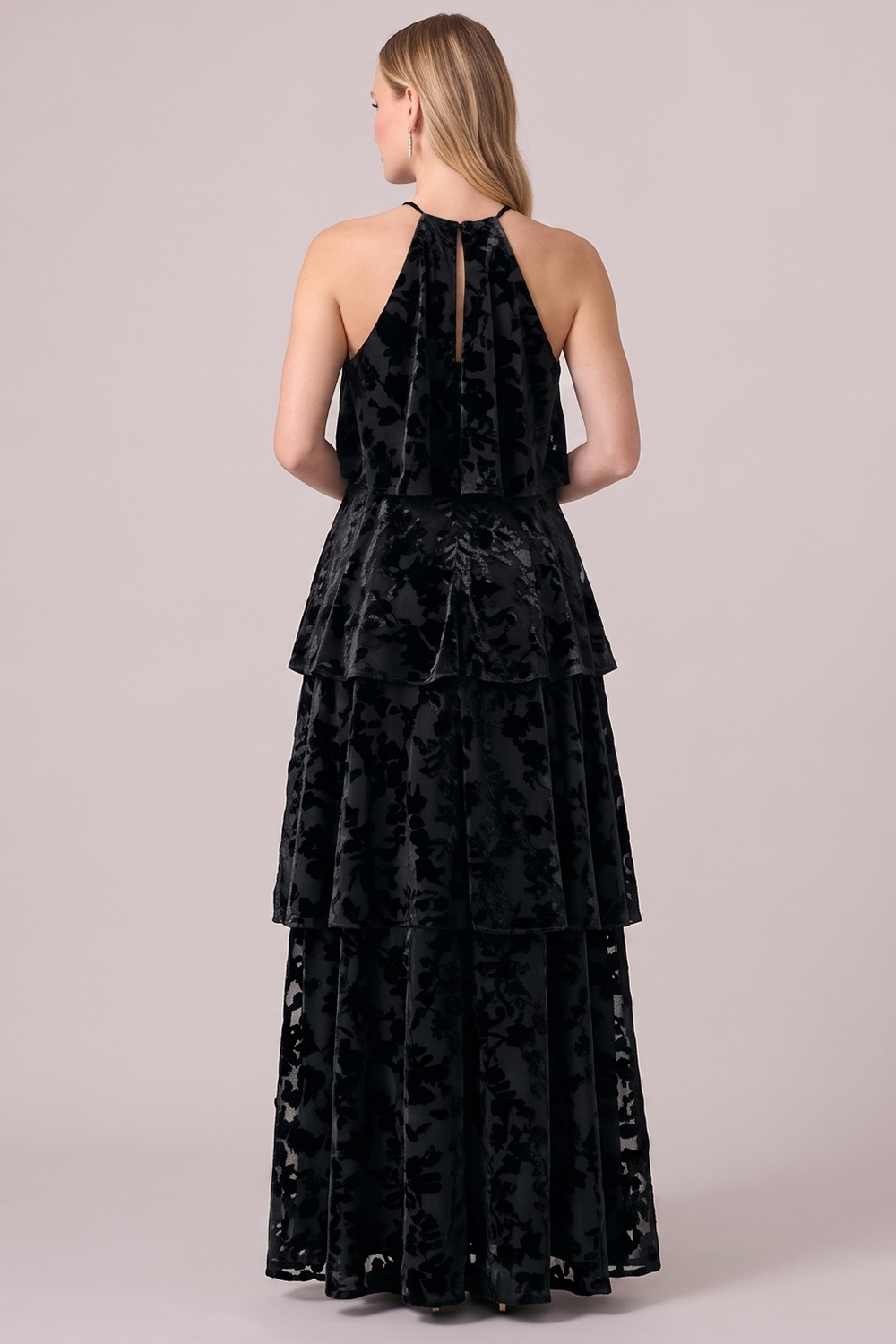 Black Halter Tiered Velvet Long Holiday Party Dress