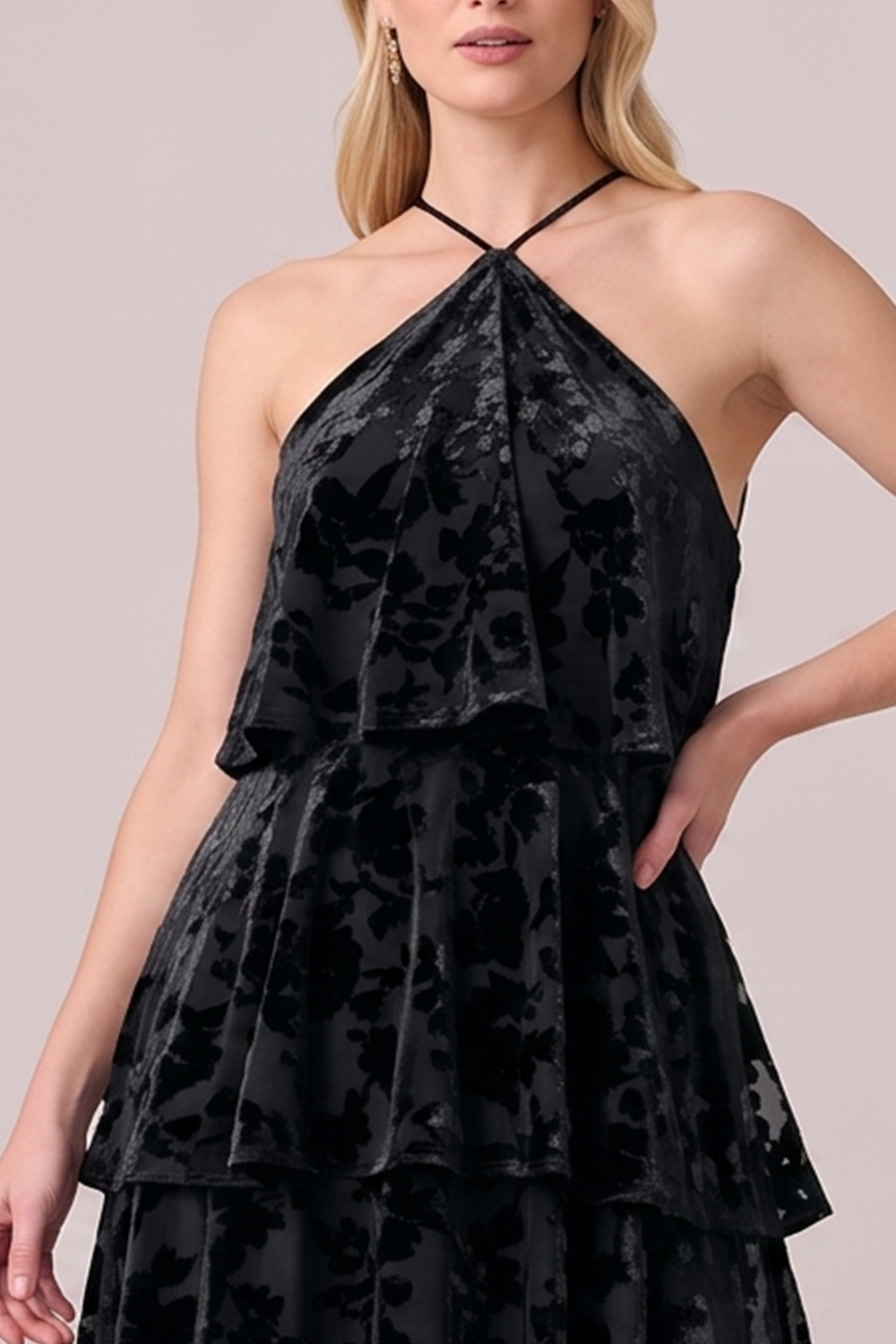 Black Halter Tiered Velvet Long Holiday Party Dress