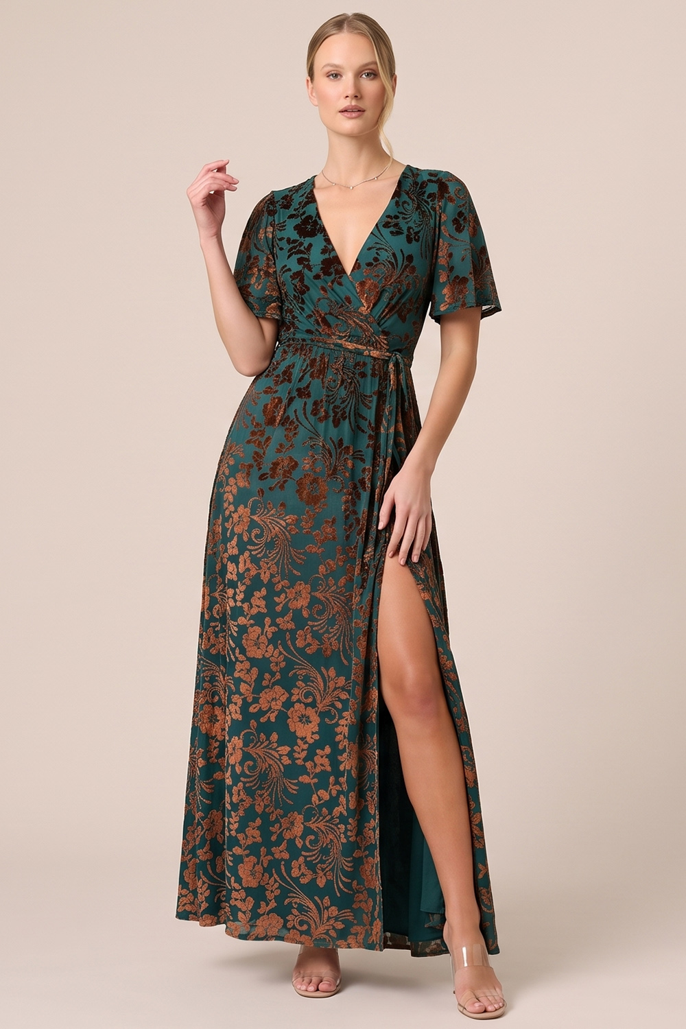 Brown A-Line V-Neck Long Floral Holiday Party Dress with Slit