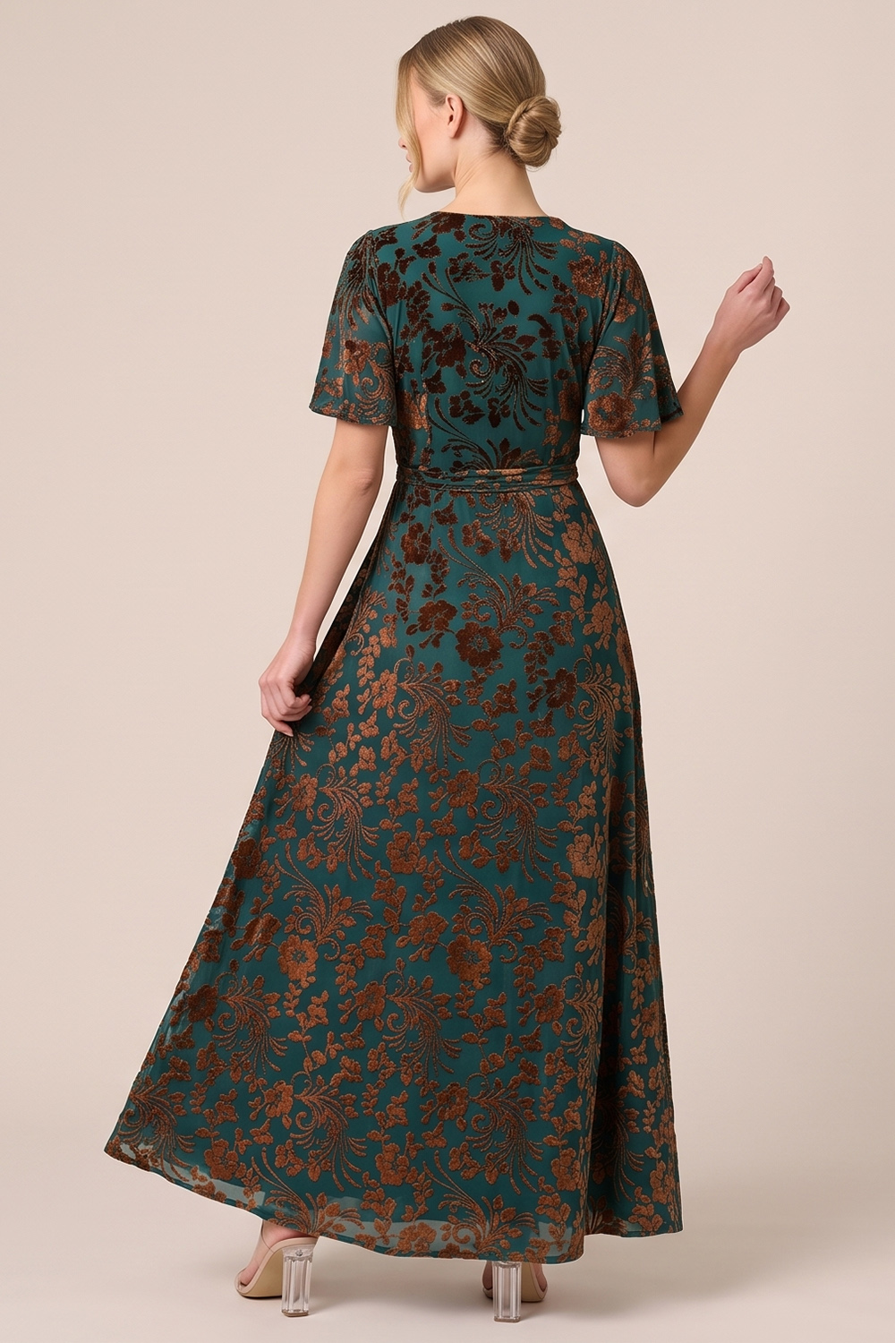 Brown A-Line V-Neck Long Floral Holiday Party Dress with Slit