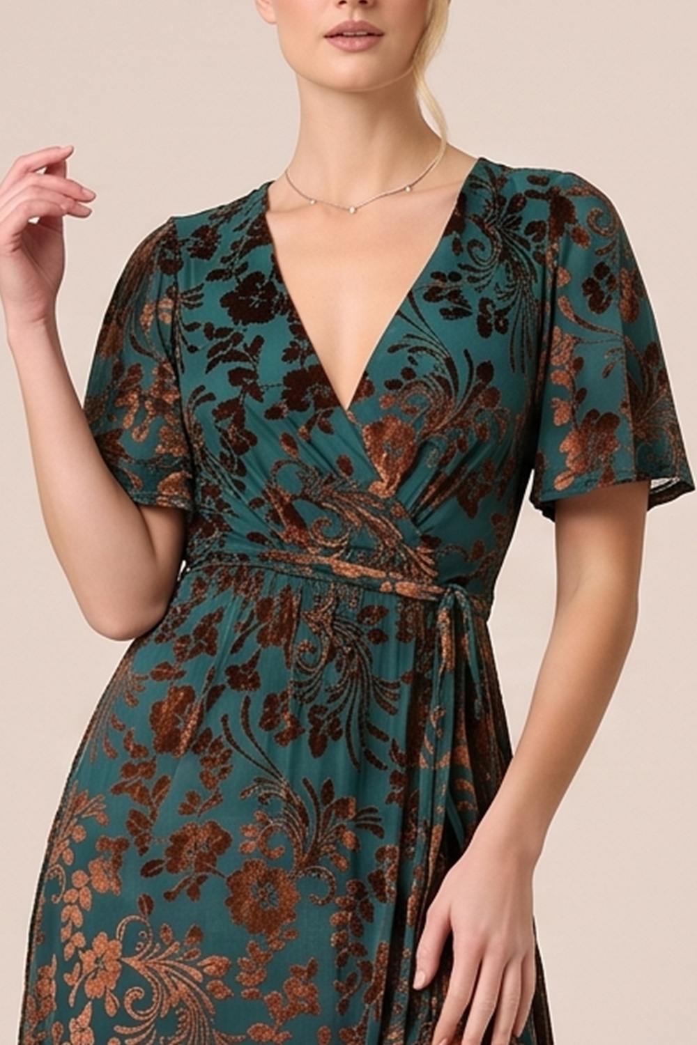 Brown A-Line V-Neck Long Floral Holiday Party Dress with Slit