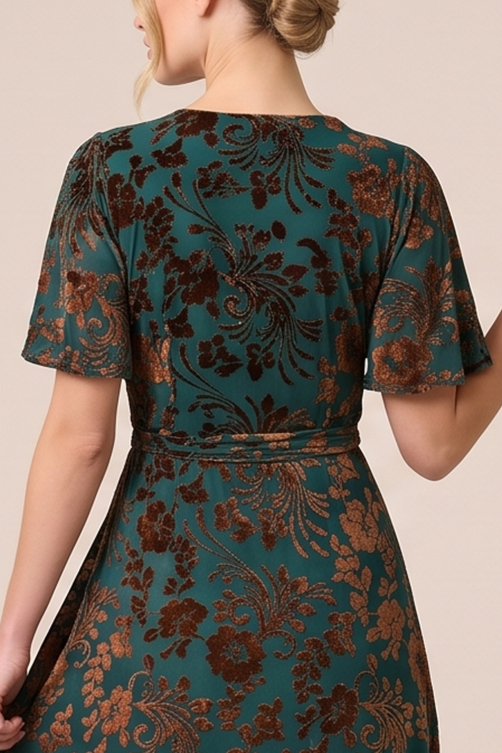 Brown A-Line V-Neck Long Floral Holiday Party Dress with Slit