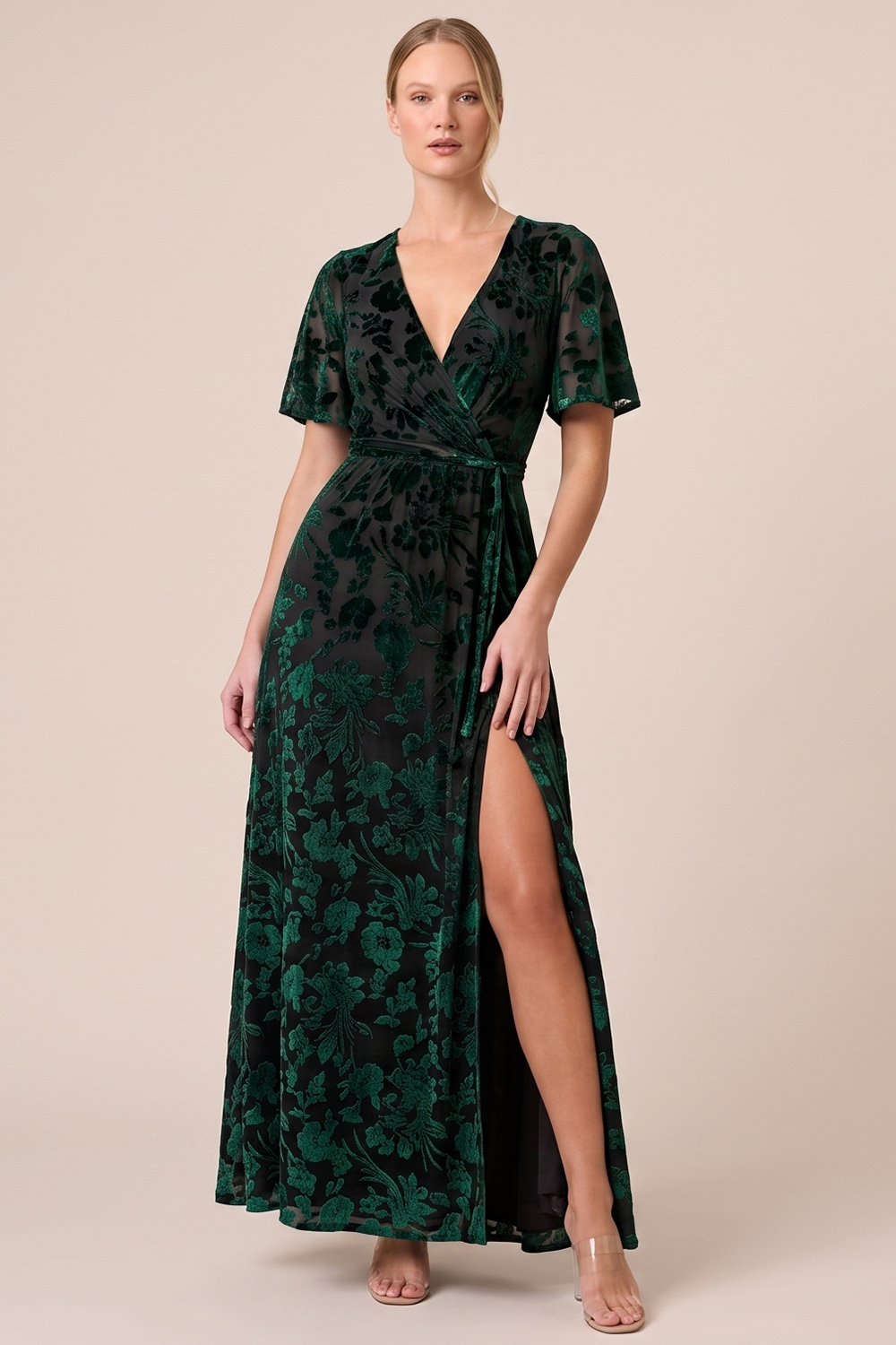 Brown A-Line V-Neck Long Floral Holiday Party Dress with Slit
