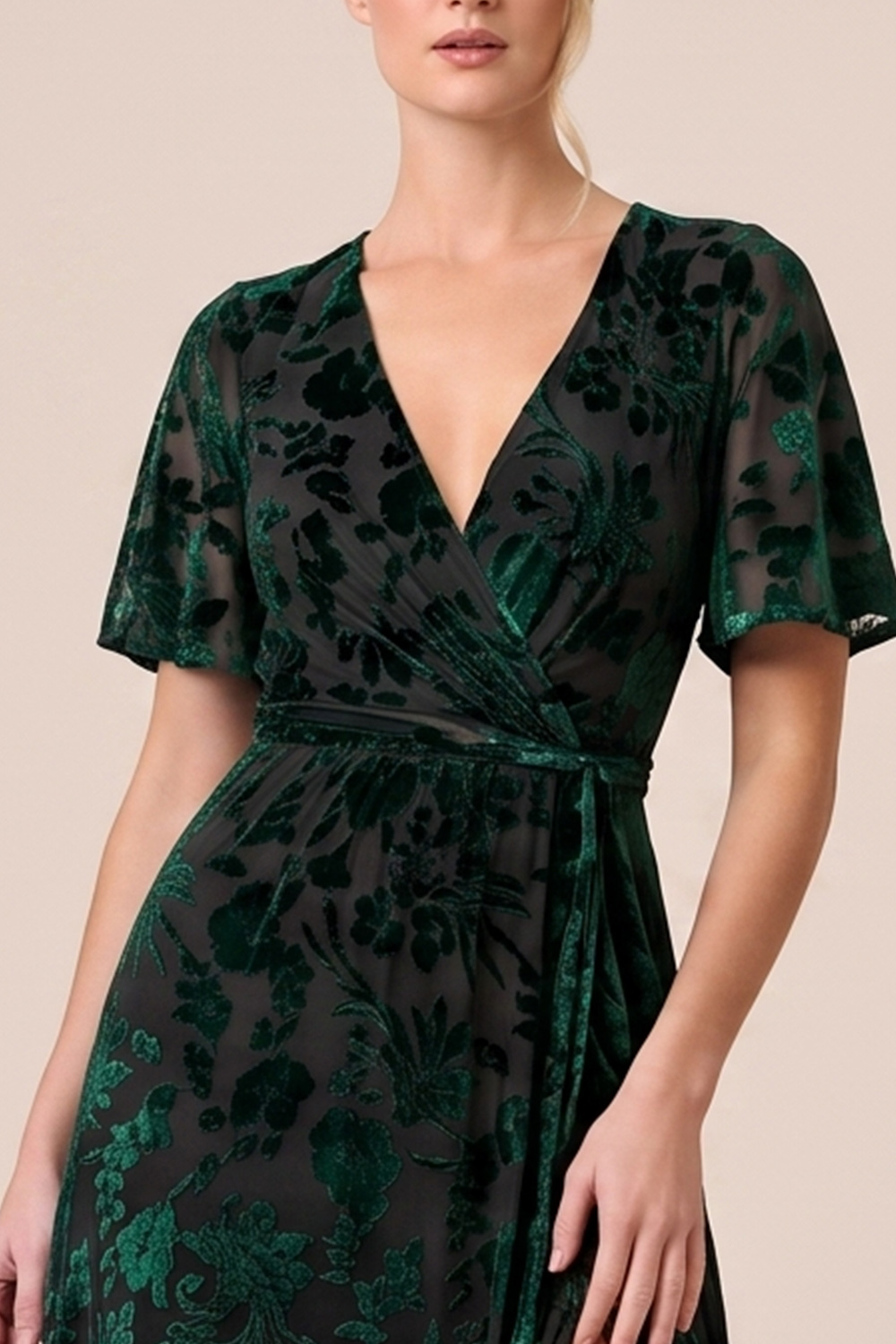 Brown A-Line V-Neck Long Floral Holiday Party Dress with Slit