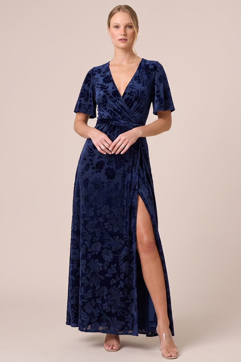 Brown A-Line V-Neck Long Floral Holiday Party Dress with Slit