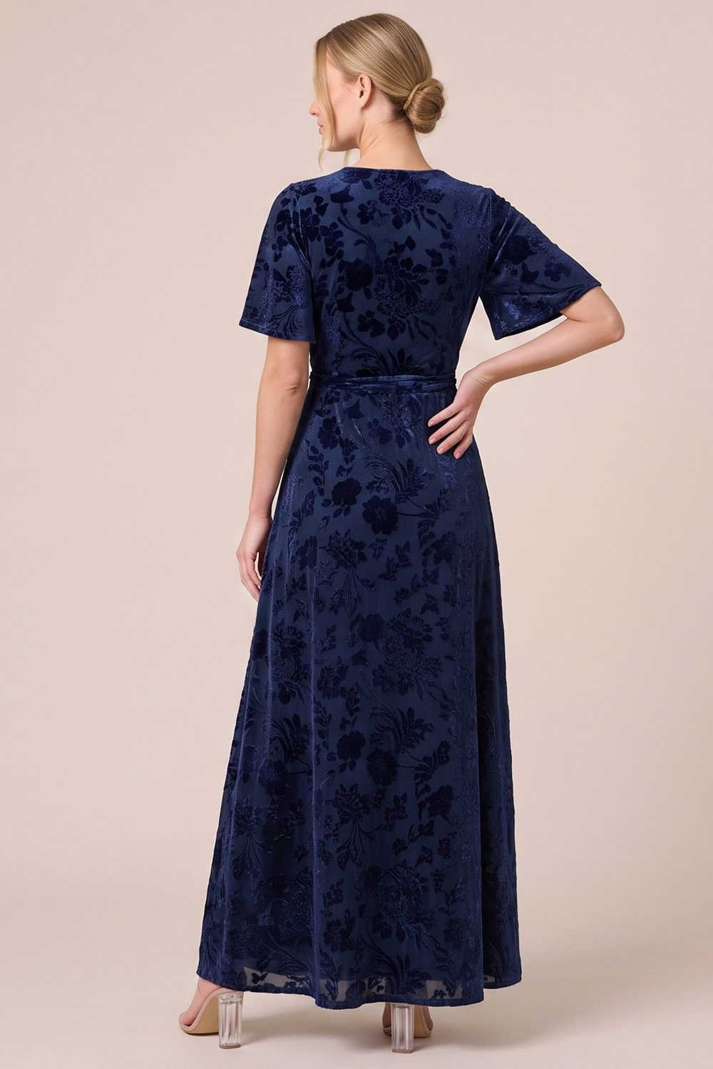 Brown A-Line V-Neck Long Floral Holiday Party Dress with Slit