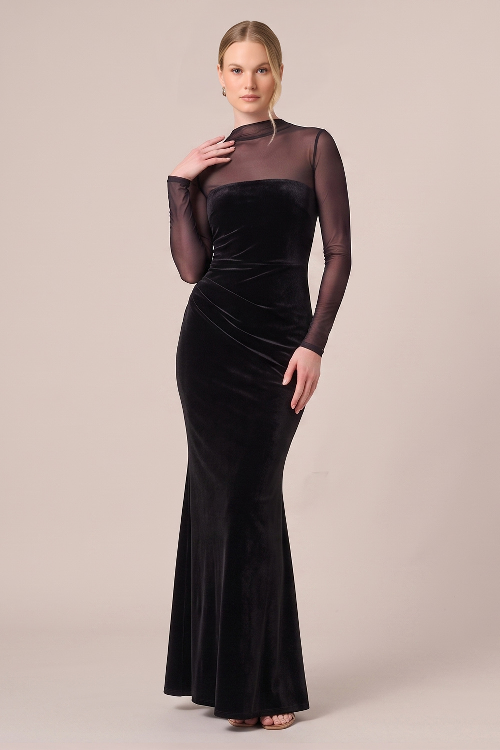 Black Mermaid Illusion High Neck Velvet Long Sleeves Holiday Party Dress