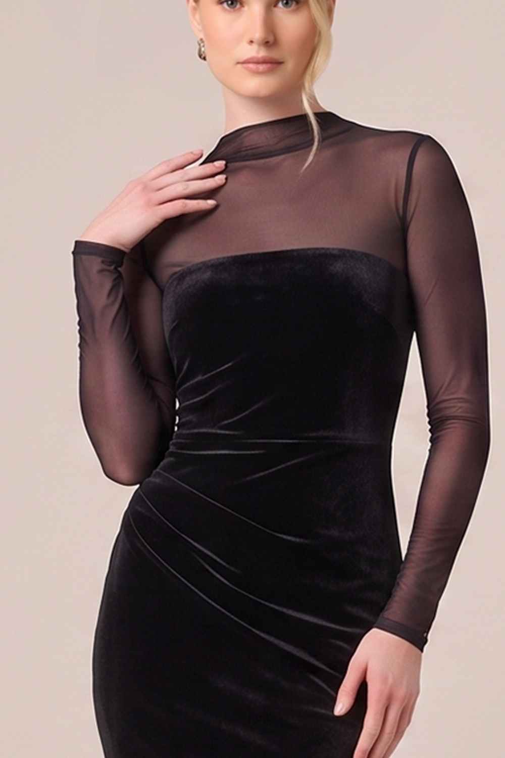 Black Mermaid Illusion High Neck Velvet Long Sleeves Holiday Party Dress