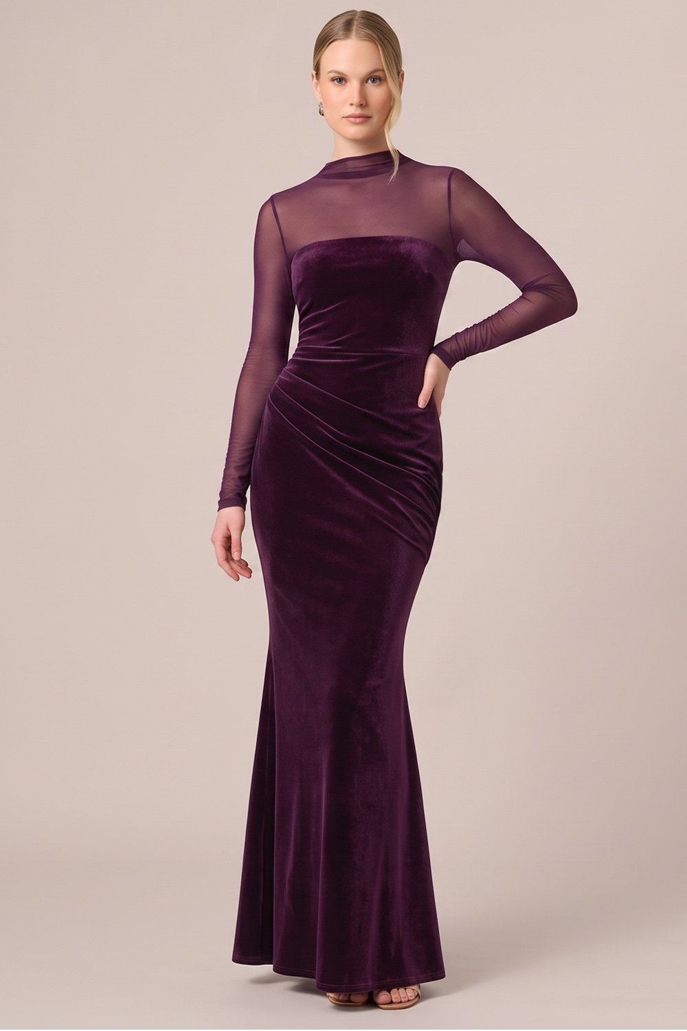 Black Mermaid Illusion High Neck Velvet Long Sleeves Holiday Party Dress