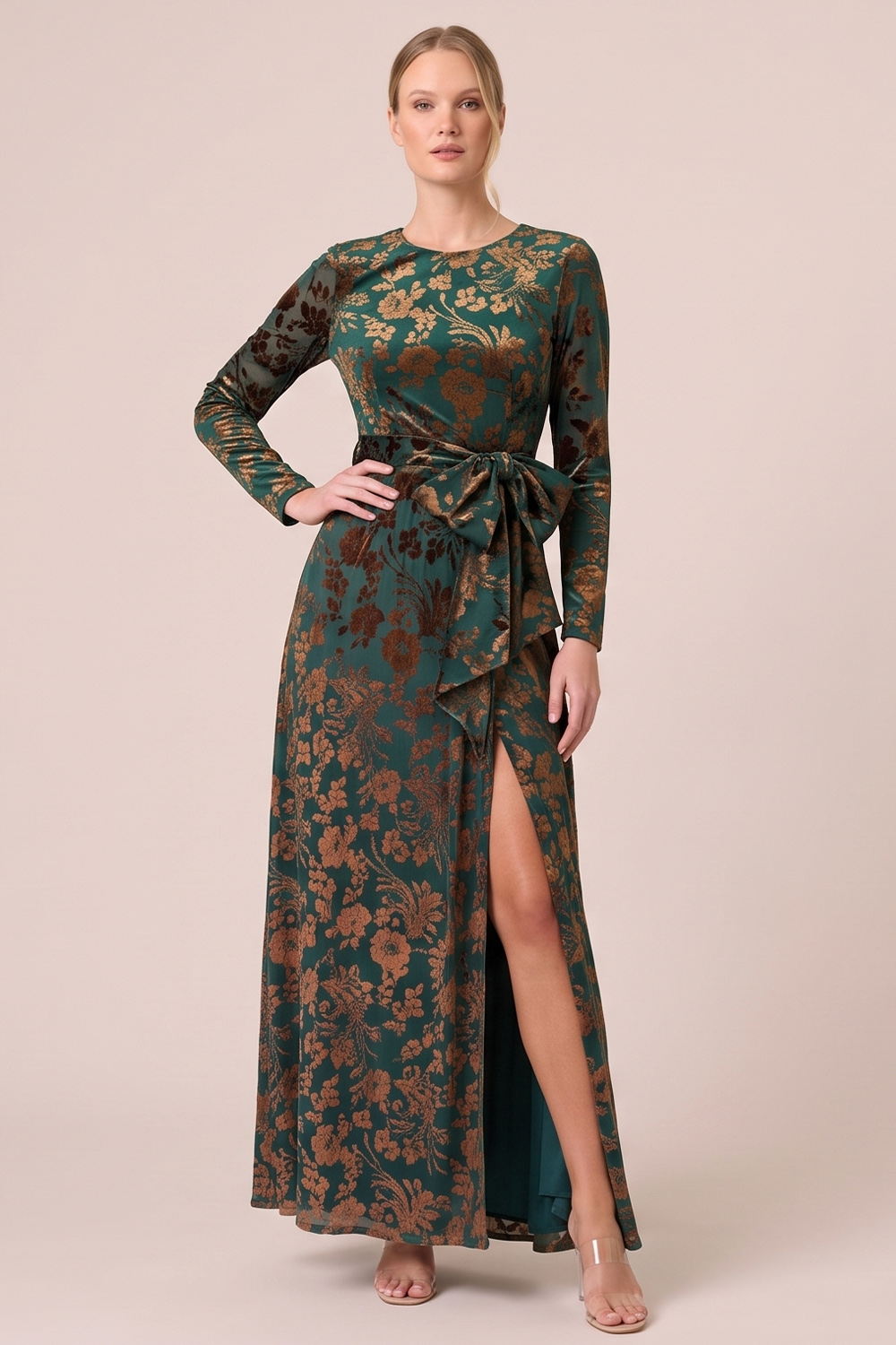 Brown A-Line Round Neck Floral Long Sleeves Holiday Party Dress