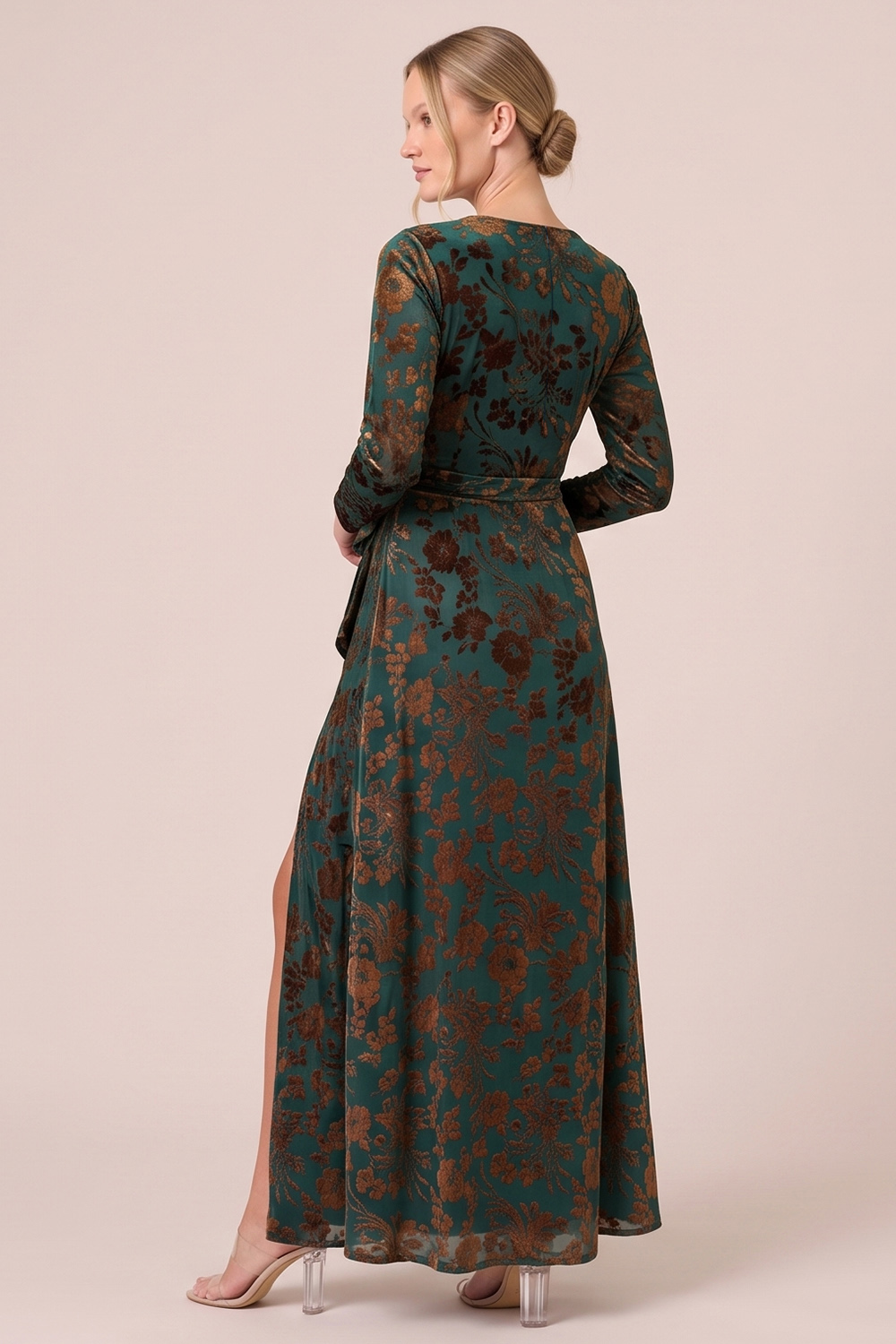 Brown A-Line Round Neck Floral Long Sleeves Holiday Party Dress