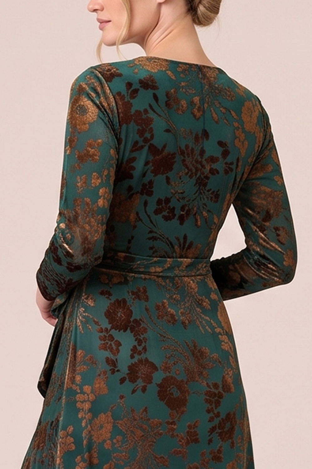 Brown A-Line Round Neck Floral Long Sleeves Holiday Party Dress