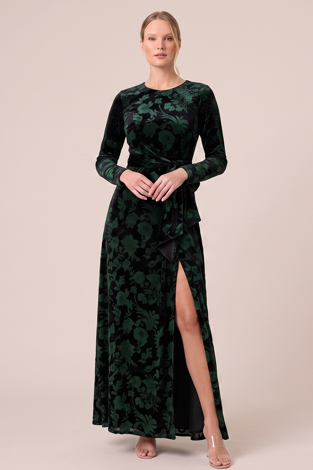 Brown A-Line Round Neck Floral Long Sleeves Holiday Party Dress