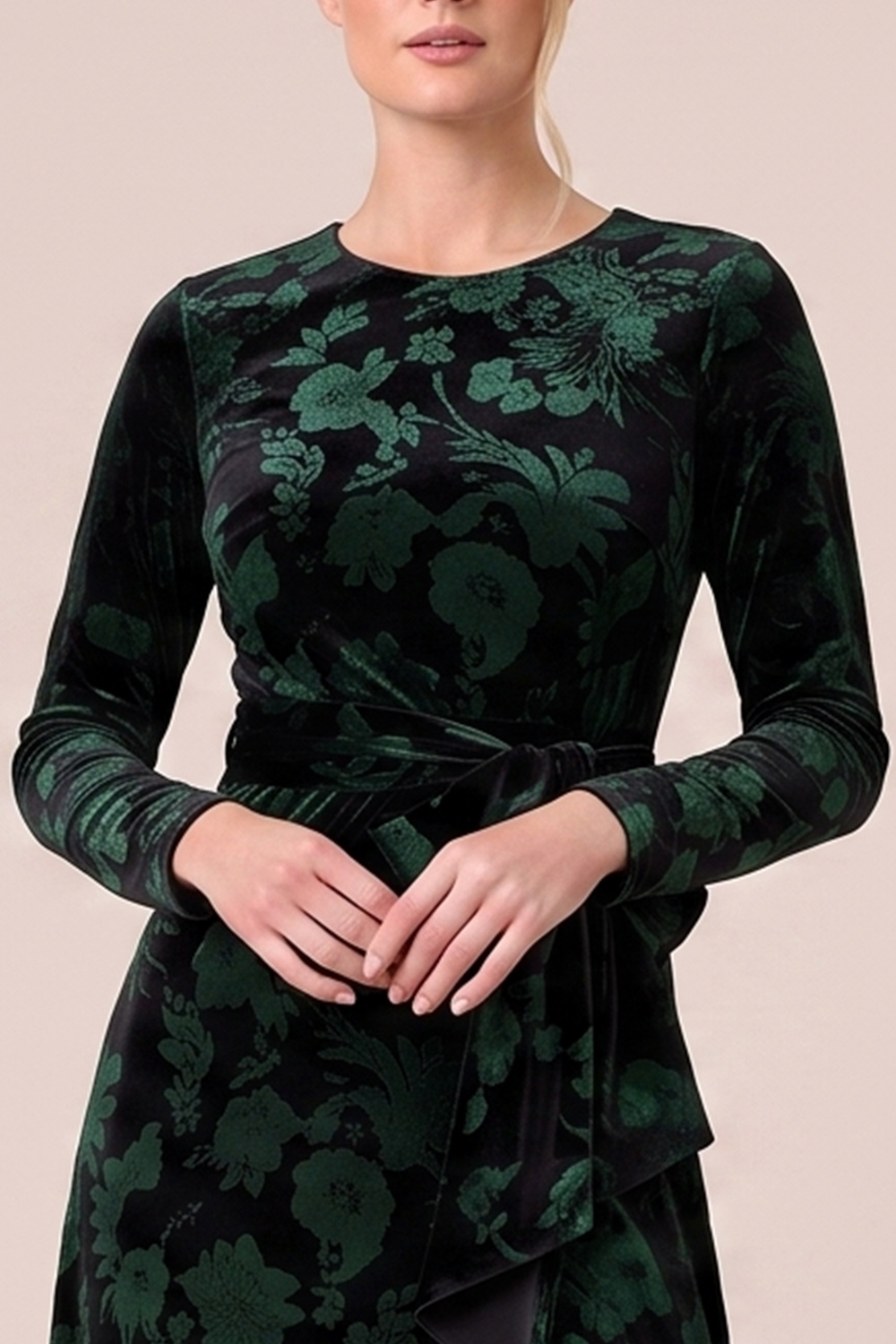 Brown A-Line Round Neck Floral Long Sleeves Holiday Party Dress