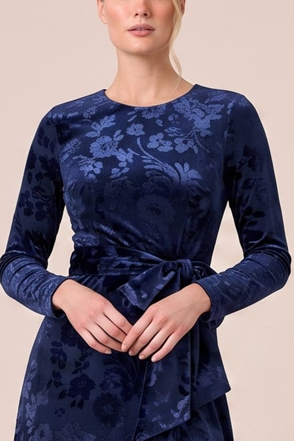 Brown A-Line Round Neck Floral Long Sleeves Holiday Party Dress