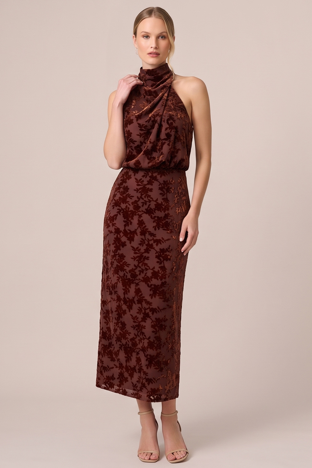Espresso Sheath Hight Neck Midi Holiday Party Dress