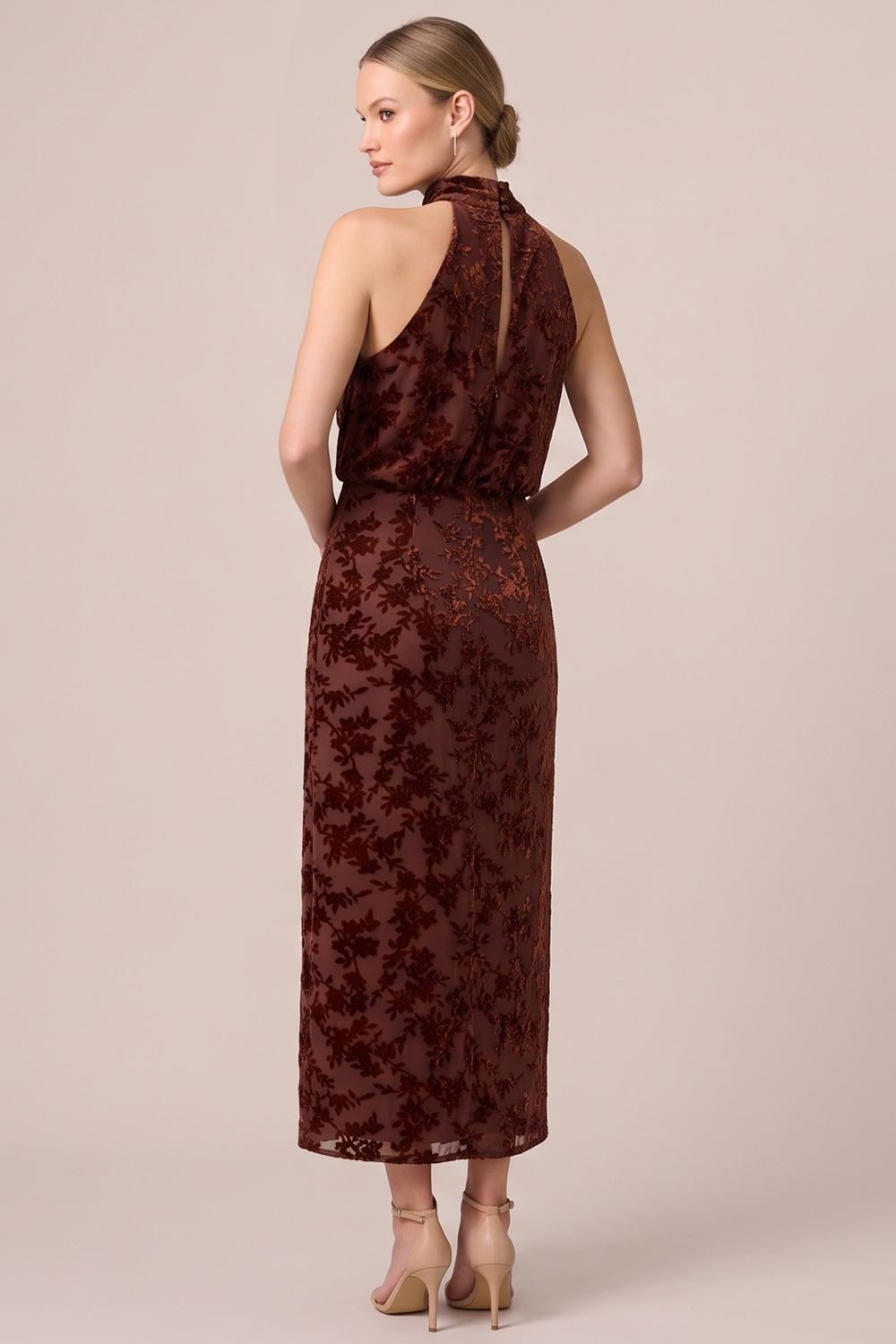 Espresso Sheath Hight Neck Midi Holiday Party Dress