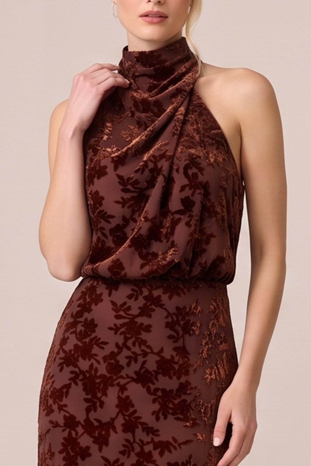 Espresso Sheath Hight Neck Midi Holiday Party Dress
