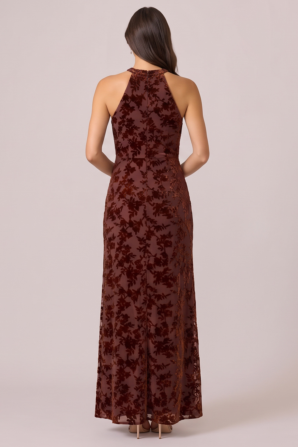 Espresso Sheath Round Neck Long Holiday Party Dress with Slit