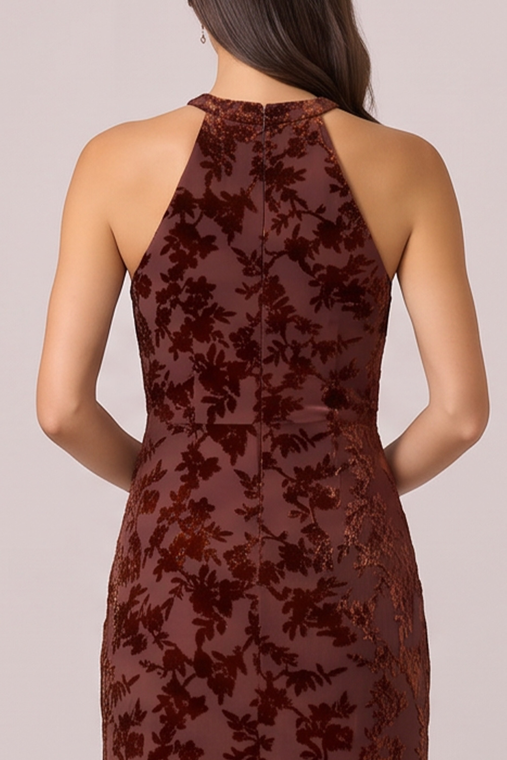 Espresso Sheath Round Neck Long Holiday Party Dress with Slit