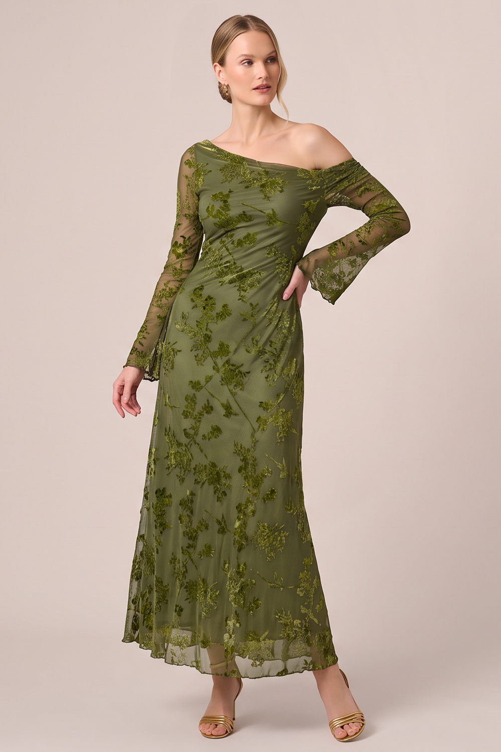 Green Floral Sheath Asymmetrical Neck Long Wedding Guest Dress
