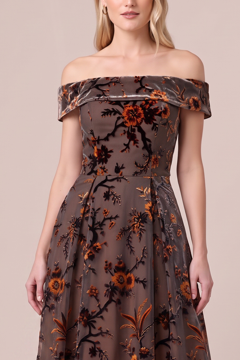 Brown A-Line Off the Shoulder Floral Long Wedding Guest Dress