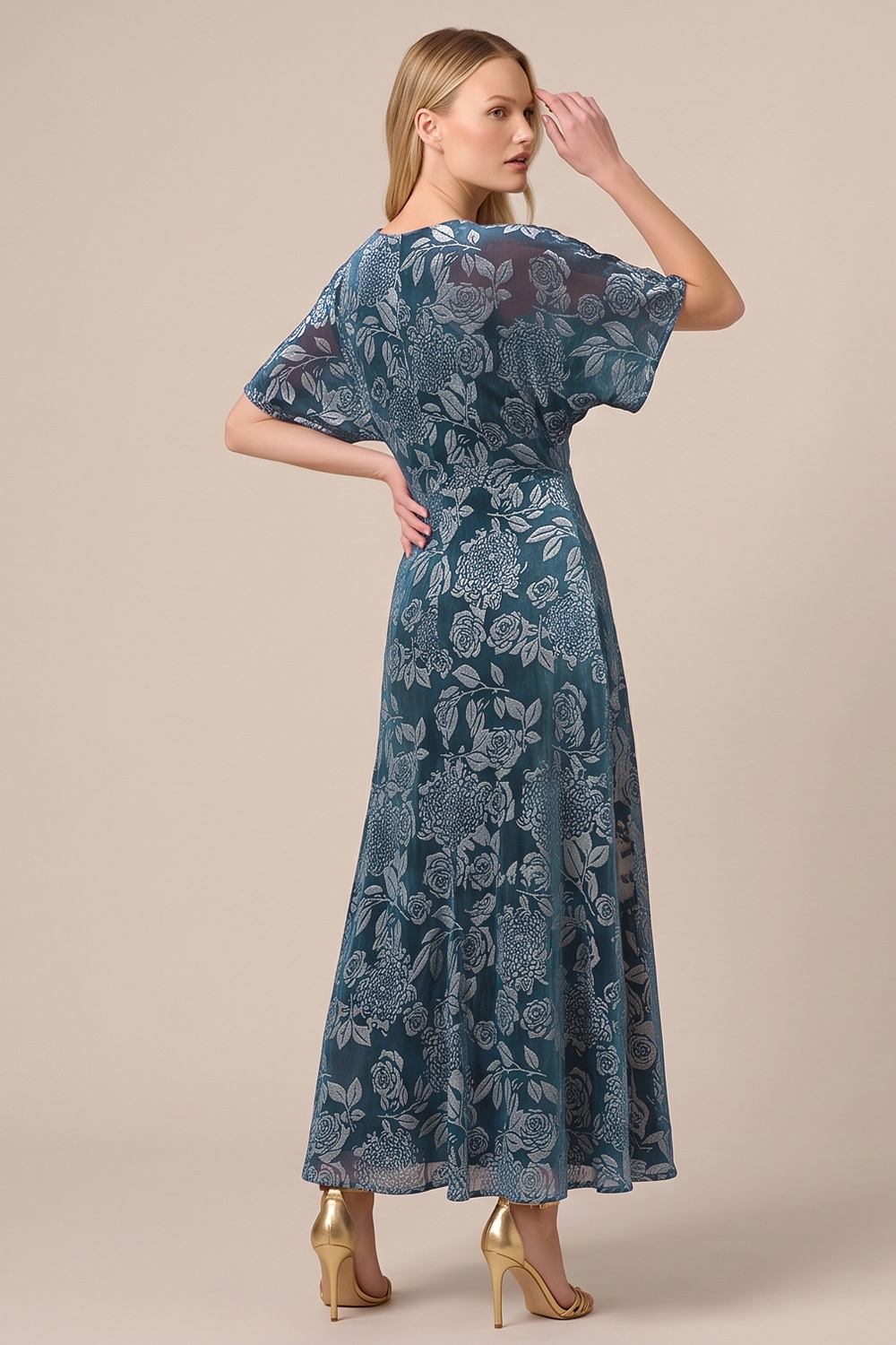 Blue Floral A-Line V-Neck Long Wedding Guest Dress